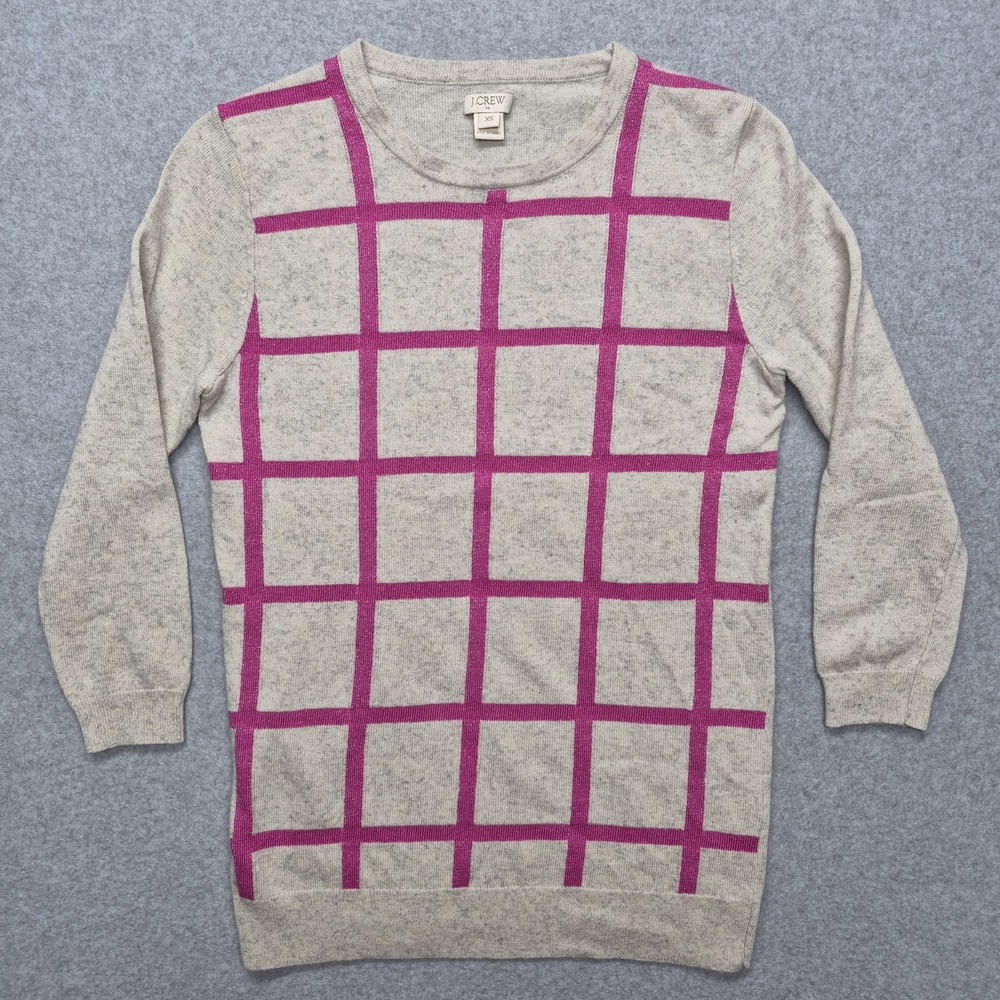 J.Crew Sweater Womens XS Pink Oatmeal Windowpane Grid Merino Wool Blend Knit